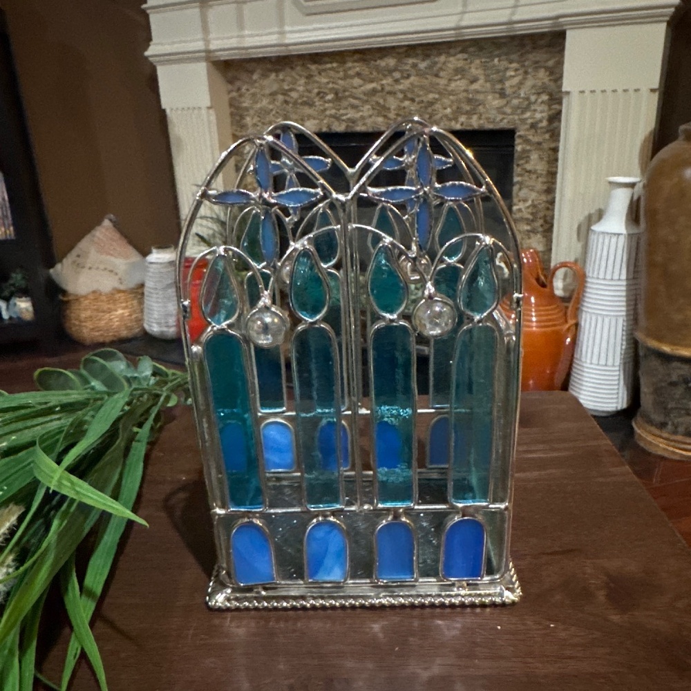 Handmade Artisan Cut-Stained Glass Art Noveau Candle Holder w/blue glass Crosses